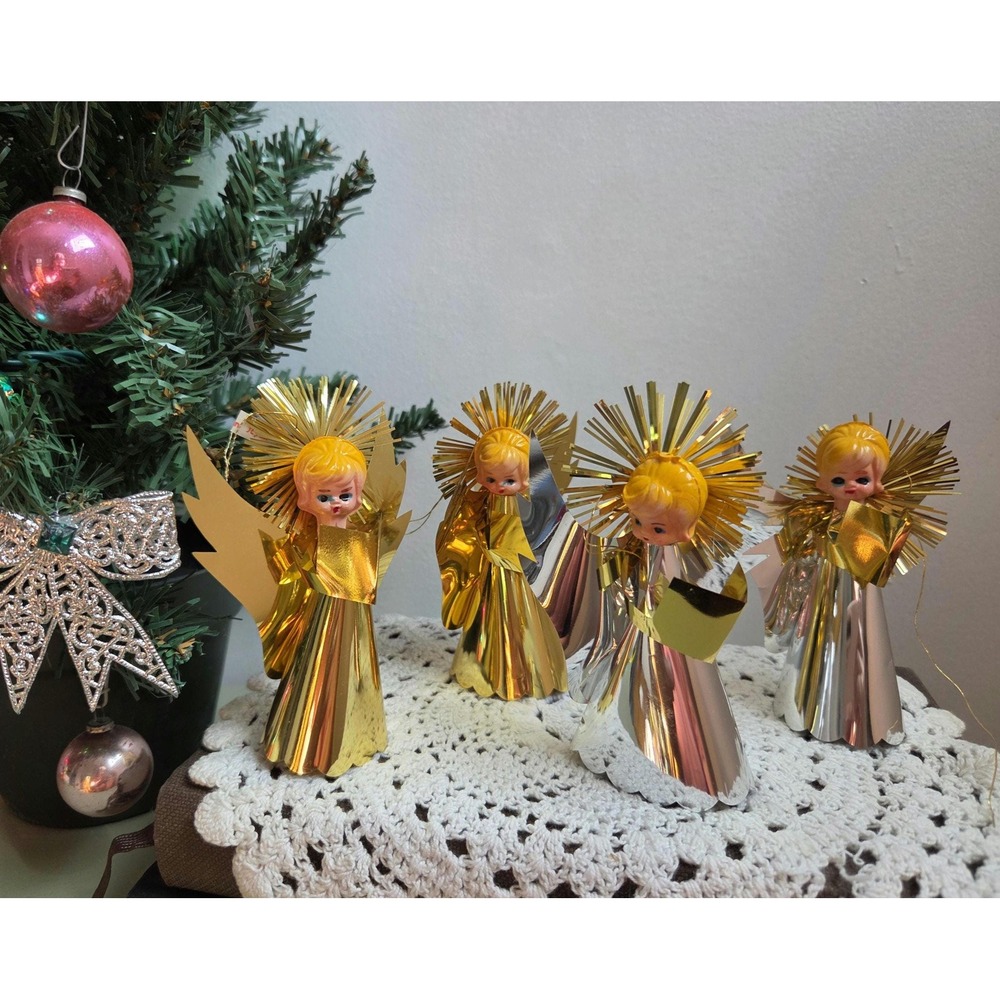 Vintage Foil Christmas Angels Set of 4 Gold Silver Mid Century Decor